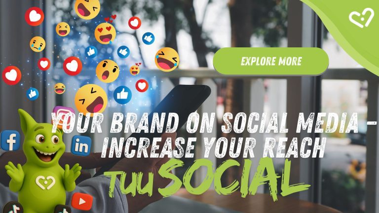 Person using phone with social media icons and emojis; Tuutuu smiling. Text: 'Your Brand on Social Media – TuuSOCIAL'.