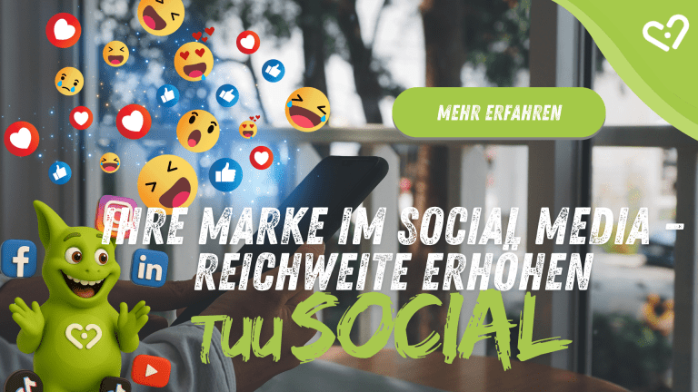 Hände halten ein Smartphone mit herausfliegenden Smileys; Tuutuu freut sich, umgeben von Social-Media-Icons. Bildtext: 'Ihre Marke im Social Media – Reichweite erhöhen – TuuSOCIAL'.