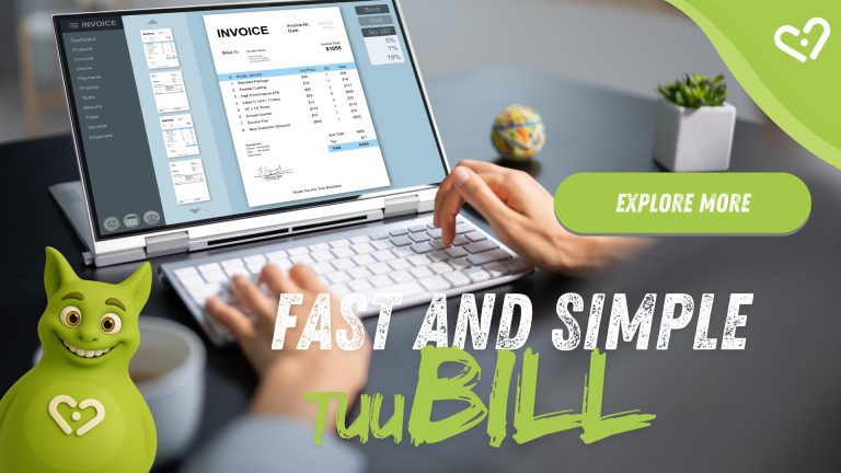Hands typing on laptop showing invoice; Tuutuu smiling nearby. Text: 'Fast and Simple – TuuBILL'.