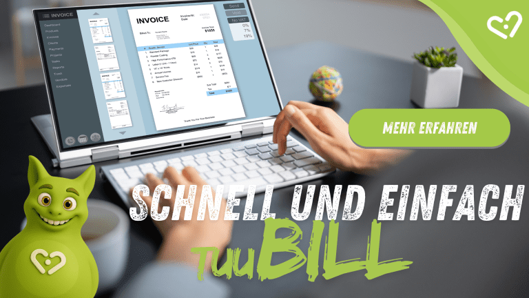 Lächelnder Tuutuu und Hände tippen auf Tastatur, bearbeiten eine E-Rechnung. Bildtext: 'Schnell und einfach – tuuBILL'.