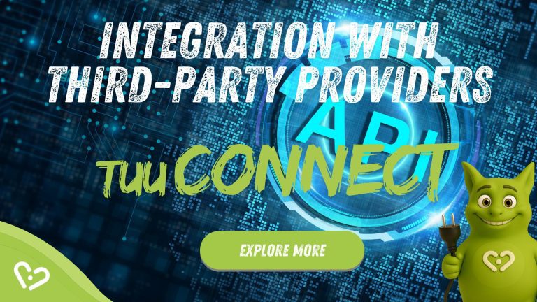 API interface graphic in background; Tuutuu smiling and holding a plug. Text: 'Integration with Third-Party Providers – TuuCONNECT'.