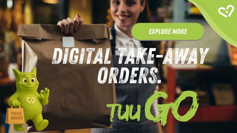 Waitress holding a takeaway paper bag; Tuutuu smiling with a 'Take Away' bag. Text: 'Digital Take-Away Orders – TuuGO'.