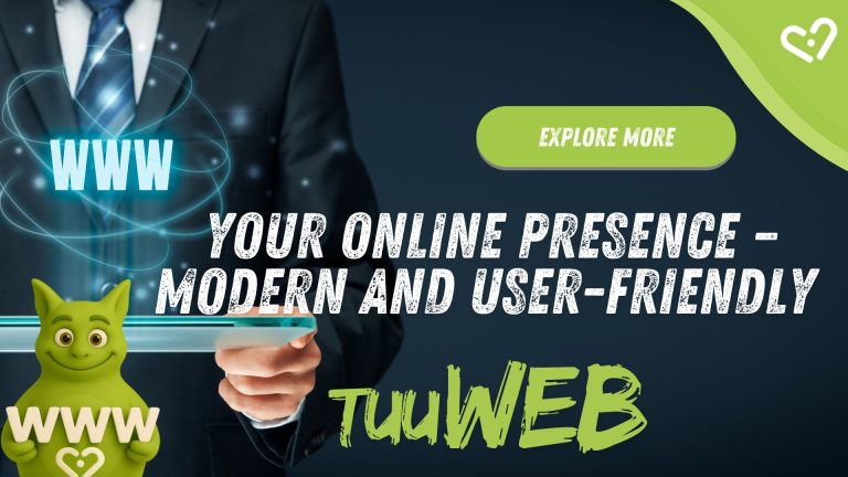 Businessman pointing at floating WWW symbol; Tuutuu smiling and holding WWW letters. Text: 'Your Online Presence – TuuWEB'.