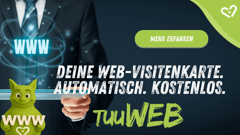 Geschäftsmann zeigt auf schwebendes WWW-Symbol; Tuutuu hält WWW-Buchstaben. Bildtext: 'TuuWEB'.