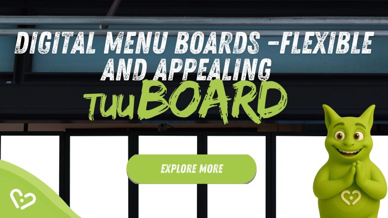 Tuutuu smiling next to digital menu boards. Text: 'Digital Menu Boards – Flexible and Appealing – TuuBOARD'.
