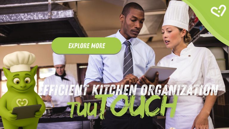 Chef and manager discussing with tablet in kitchen; Tuutuu with chef hat holding a tablet. Text: 'Efficient Kitchen Organization – TuuTOUCH'.