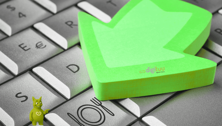 Green arrow on keyboard with restaurant icon and Tuutuu mascot in corner, Digituu logo on arrow.