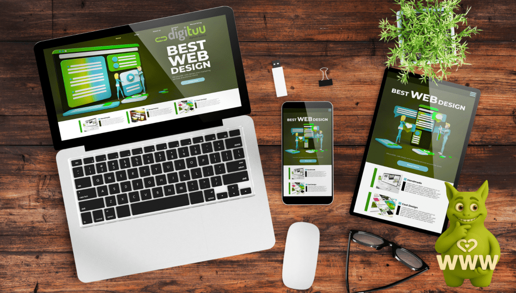 Web design shown on laptop, tablet, and phone on desk with Tuutuu mascot and www symbol.