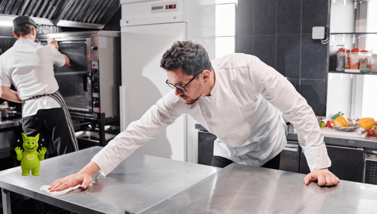 Koch reinigt Edelstahltisch in der Küche; Tuutuu lächelt mit Glanz um sich herum.