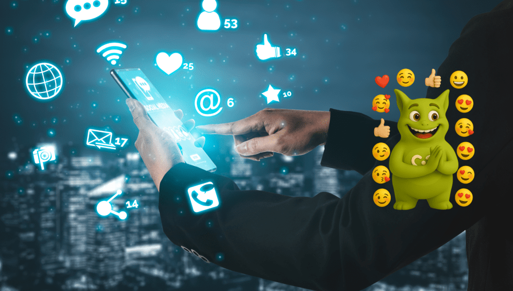 A person using a smartphone with floating social media icons, Tuutuu smiling among emojis expressing engagement.