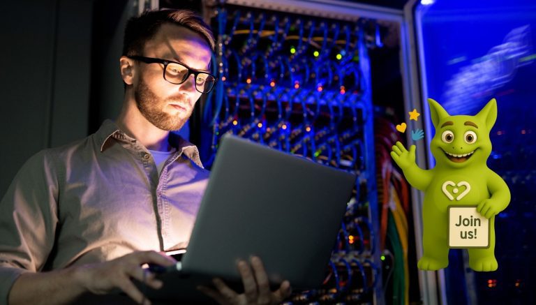 IT specialist working in a server room with Tuutuu mascot inviting to join the team – Digituu job opportunity.