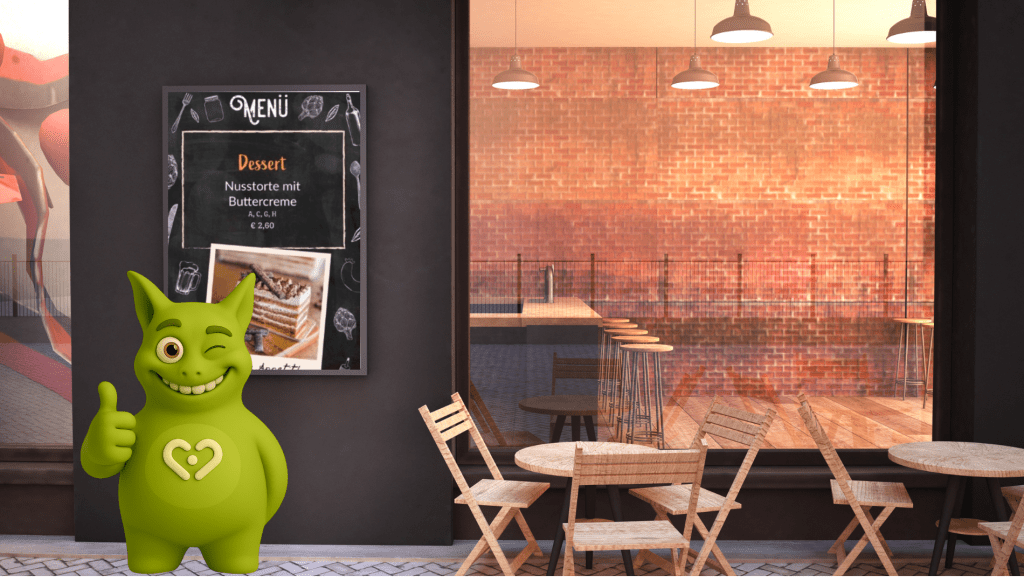 Digital menu board on wall showing dessert with Tuutuu mascot giving thumbs up outside café.