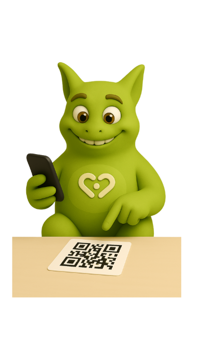 TuuTuu TuuSELF TuuTuu is pointing at a QR code while holding a phone.