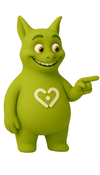 Green mascot with a heart symbol on its chest pointing to the right and smiling.